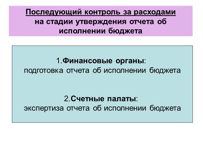 Последующий контроль за расходами на стадии утверждения отчета об исполнении бюджета 1.Финансовые органы: 
